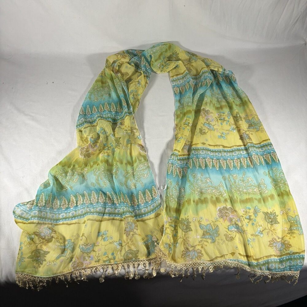 Floral Scarf Fringe Trim Woven Gold Teal Brown Lightweight Pashmina Wrap